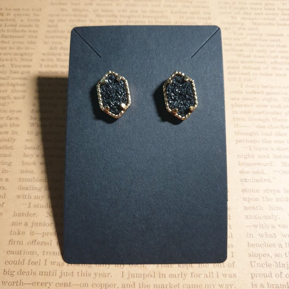 Black Druzy Hexagon Stud Earrings Gold Tone Bezel Setting Fashion Costume Stone